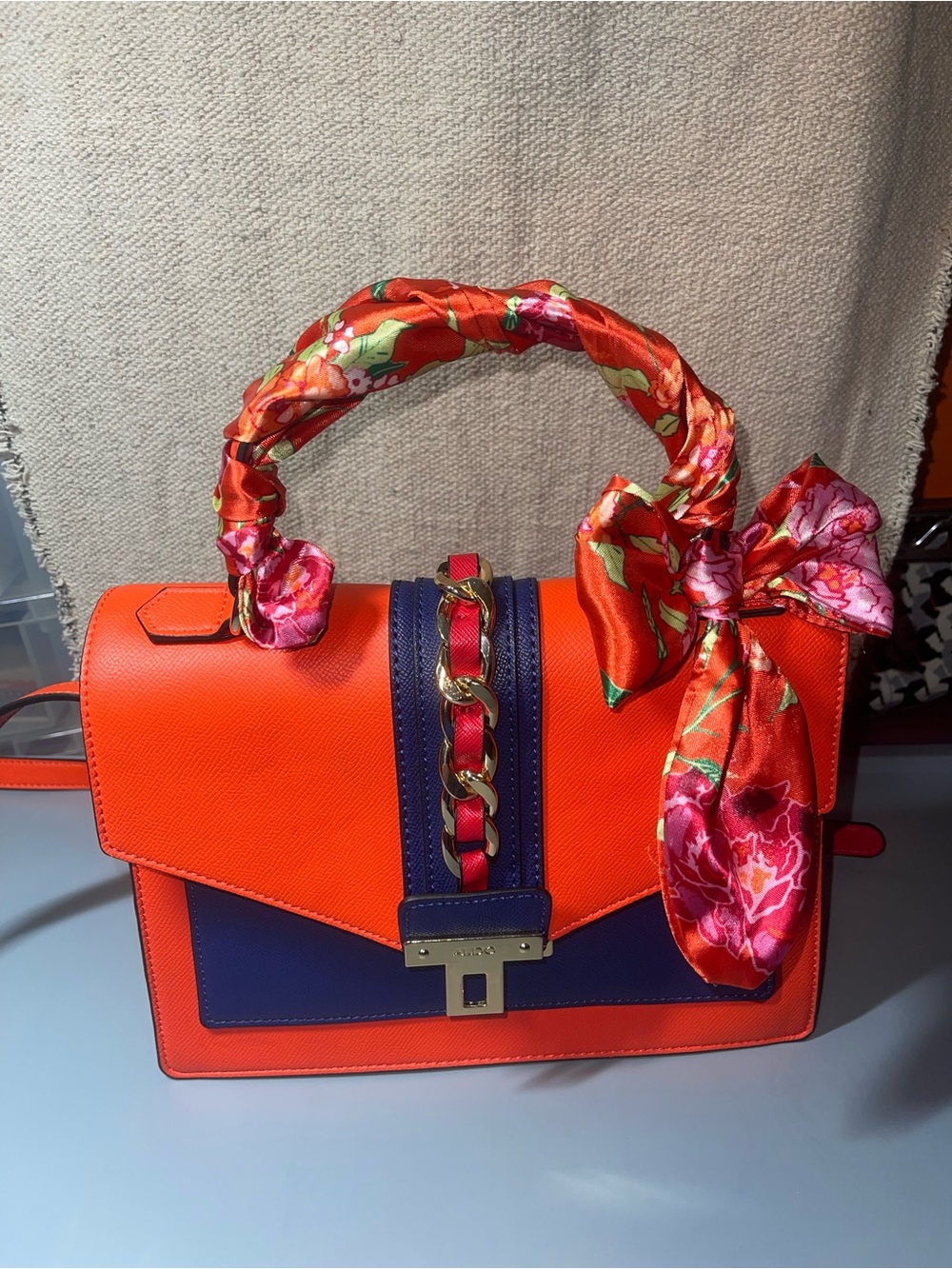 ALDO Glendaa Satchel / crossbody - Orange/Navy - Floral scarf - gently used